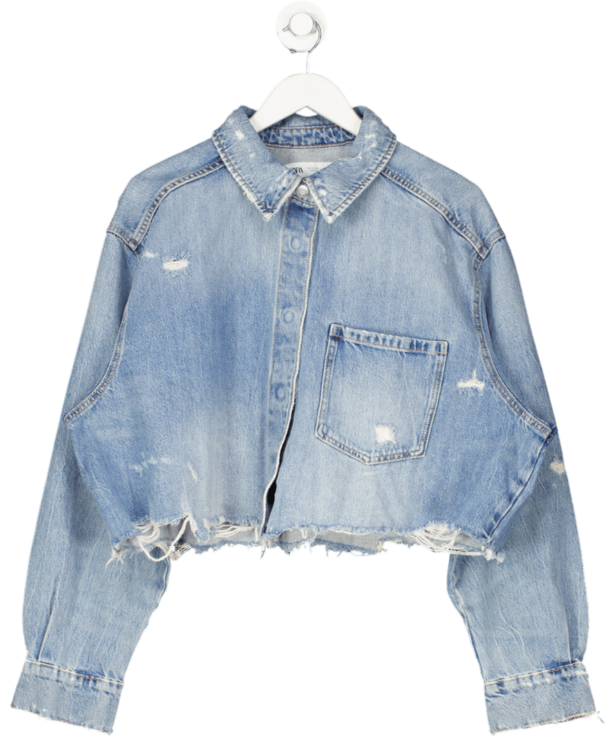 ZARA Blue Denim Distressed Cropped Jacket UK XL - Reliked