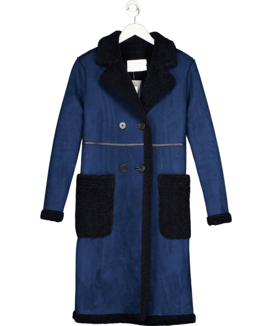 ZARA Blue Faux Suede And Shearling Double Breasted Full Length Coat UK XS - Reliked