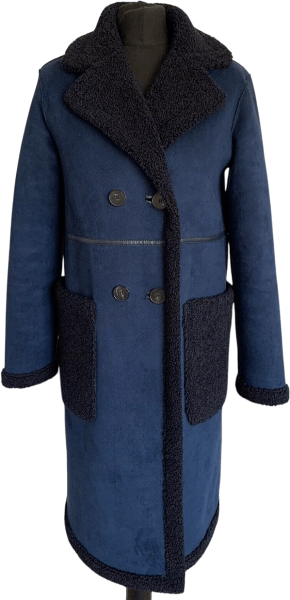 ZARA Blue Faux Suede And Shearling Double Breasted Full Length Coat UK XS - Reliked