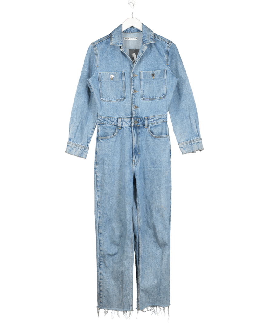ZARA Blue Long Sleeve Denim Jumpsuit UK S - Reliked