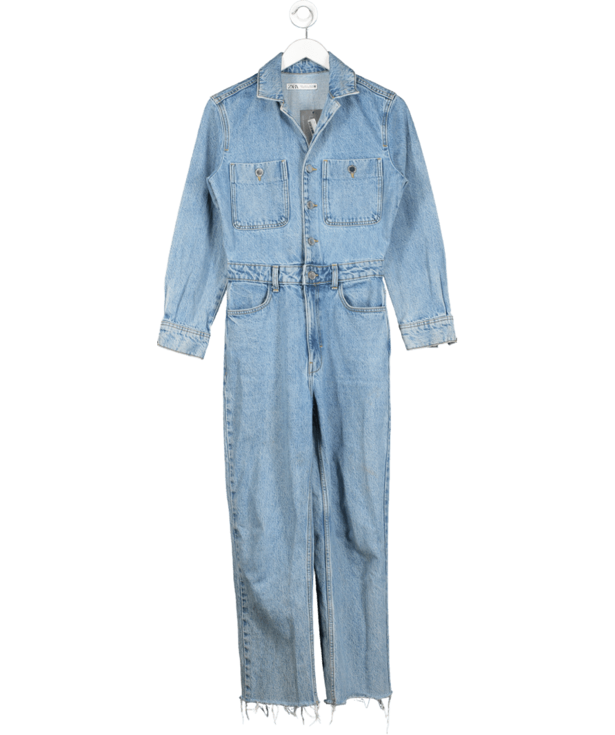 ZARA Blue Long Sleeve Denim Jumpsuit UK S - Reliked