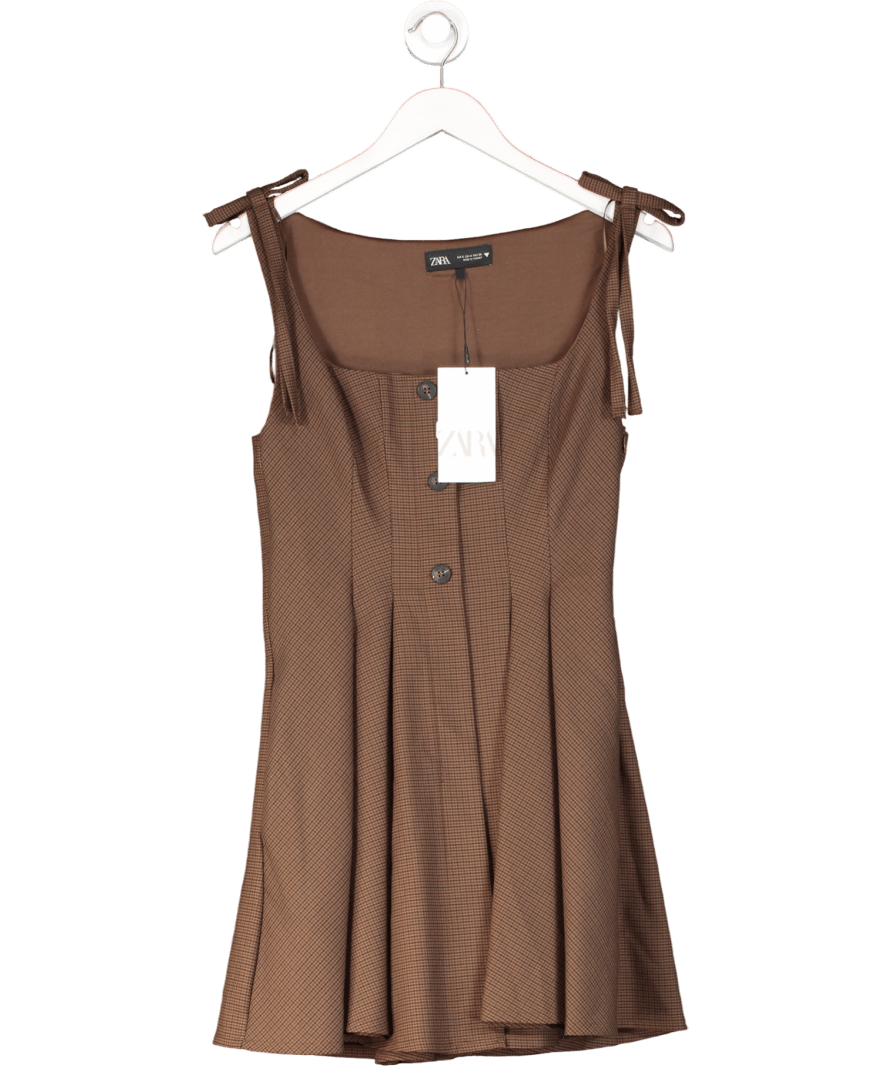 ZARA Brown Houndstooth Check Square Neck Pleated Mini Dress UK S - Reliked