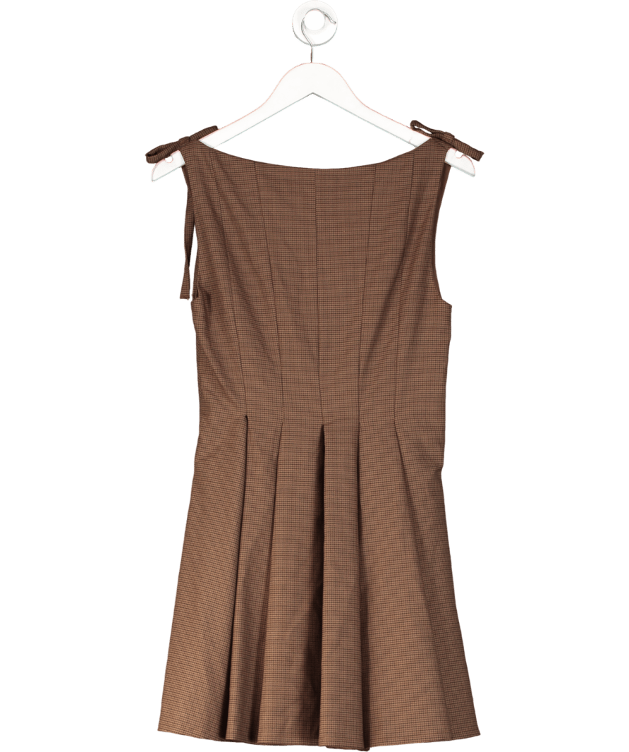 ZARA Brown Houndstooth Check Square Neck Pleated Mini Dress UK S - Reliked