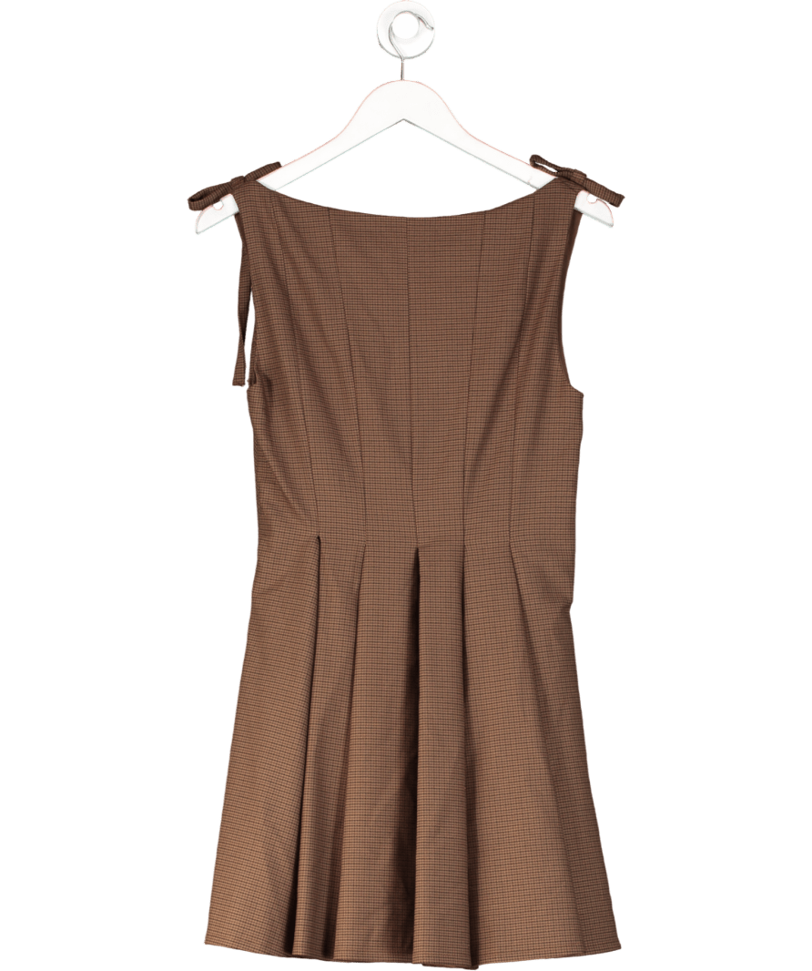ZARA Brown Houndstooth Check Square Neck Pleated Mini Dress UK S - Reliked