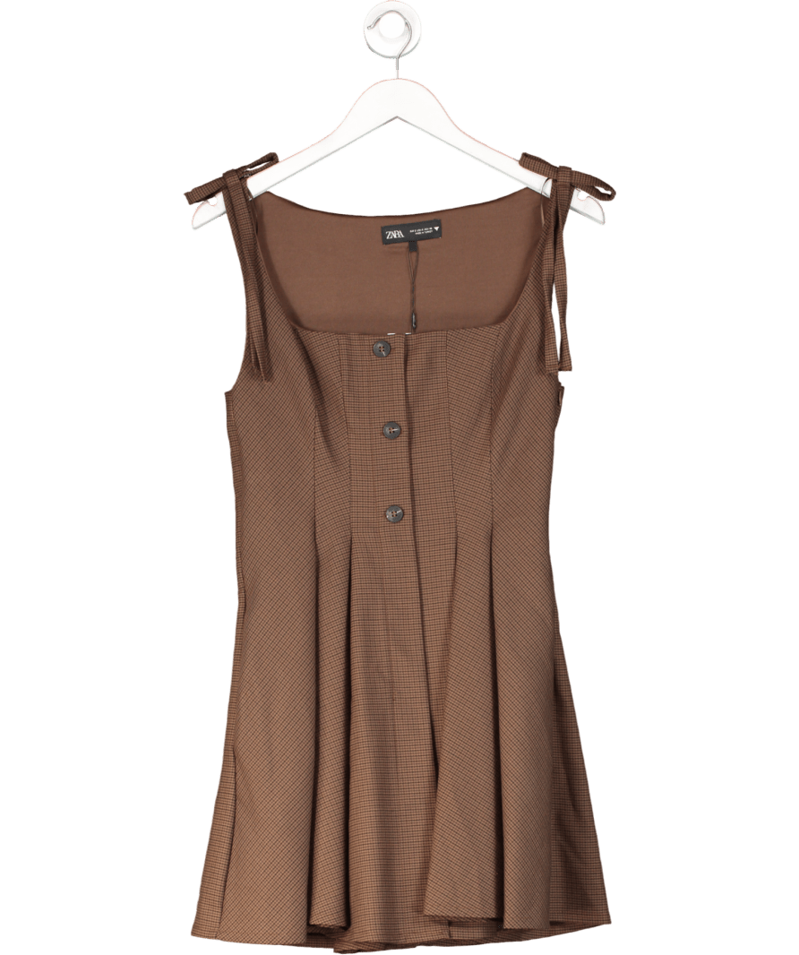 ZARA Brown Houndstooth Check Square Neck Pleated Mini Dress UK S - Reliked