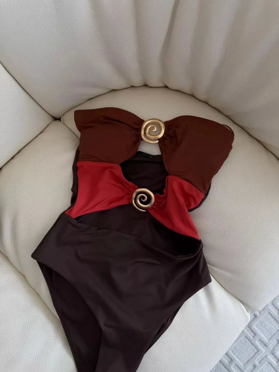 ZARA Brown Spiral Detail Bandeau Swimsuit UK XS - Reliked