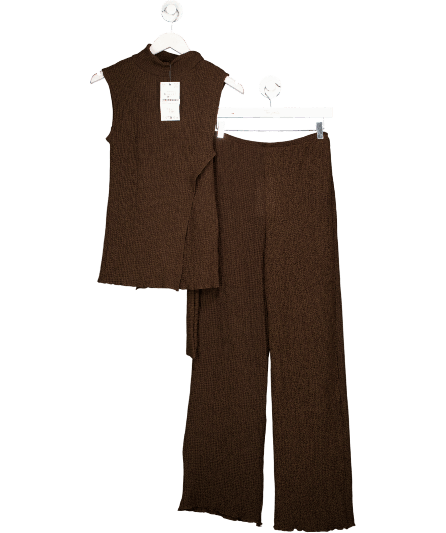 ZARA Brown Textured Scarf Top And Trousers UK S - Reliked