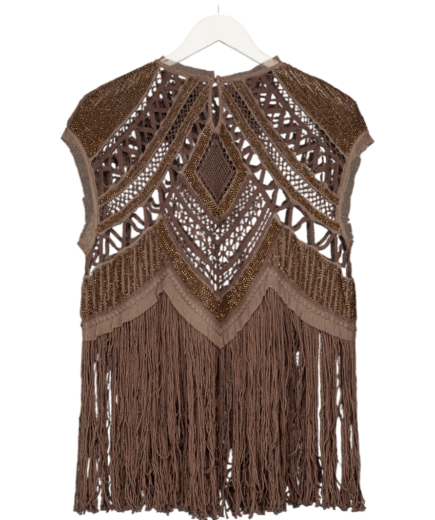 ZARA Brown Zw Collection Beaded Crochet Top UK S - Reliked
