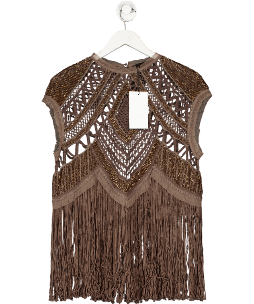 ZARA Brown Zw Collection Beaded Crochet Top UK S - Reliked