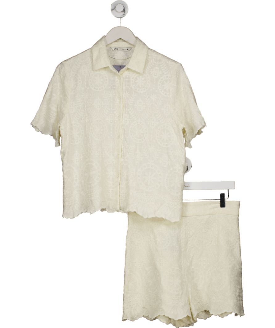 ZARA Cream Collection 2 - piece Creamembroidered Shirt And Shorts Set UK L - Reliked