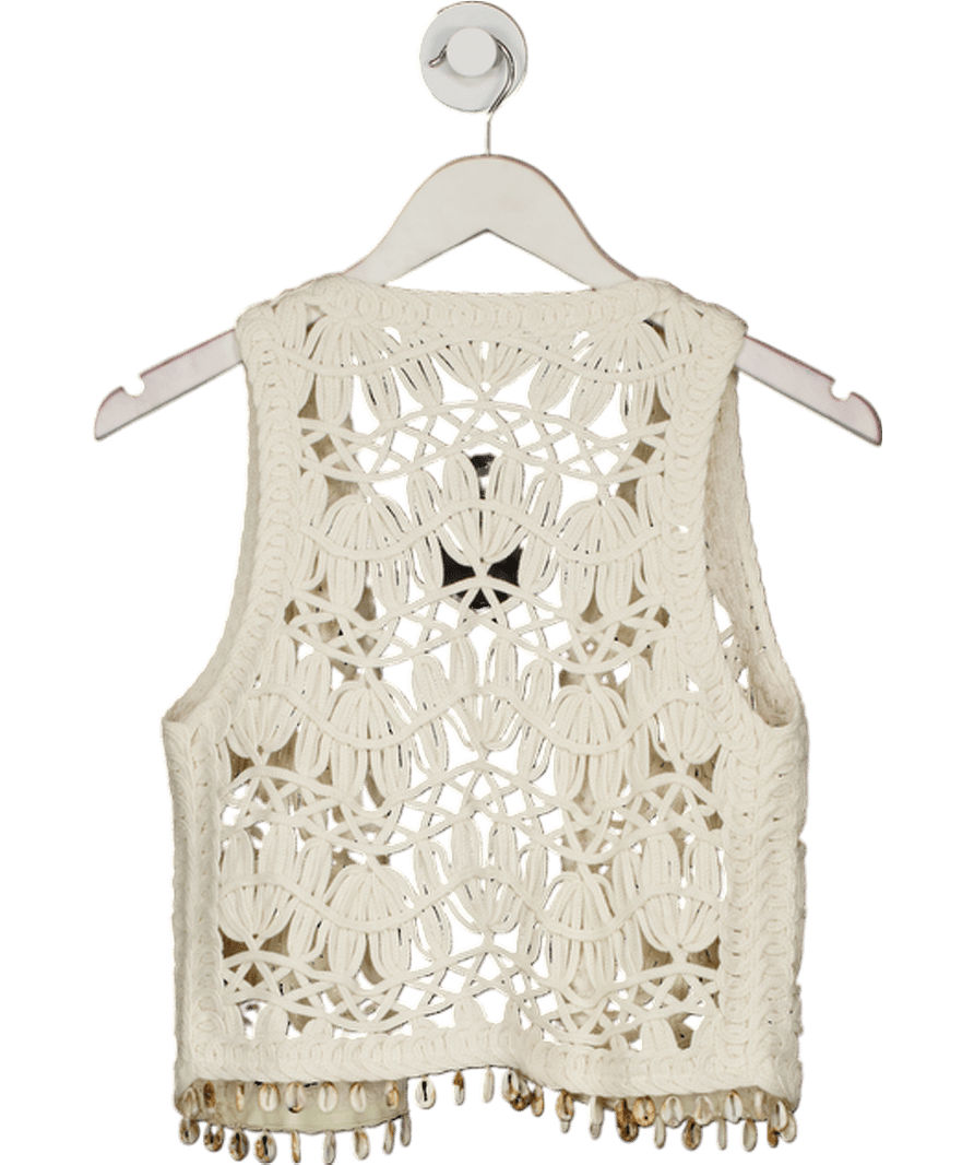 ZARA Cream Corchet Knit Waistcoat With Sea Shell Trim UK S - Reliked