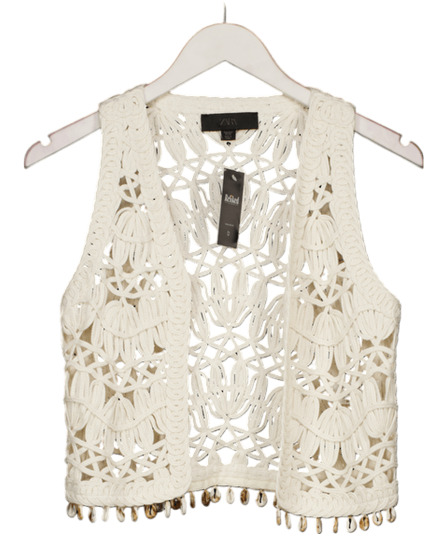 ZARA Cream Corchet Knit Waistcoat With Sea Shell Trim UK S - Reliked