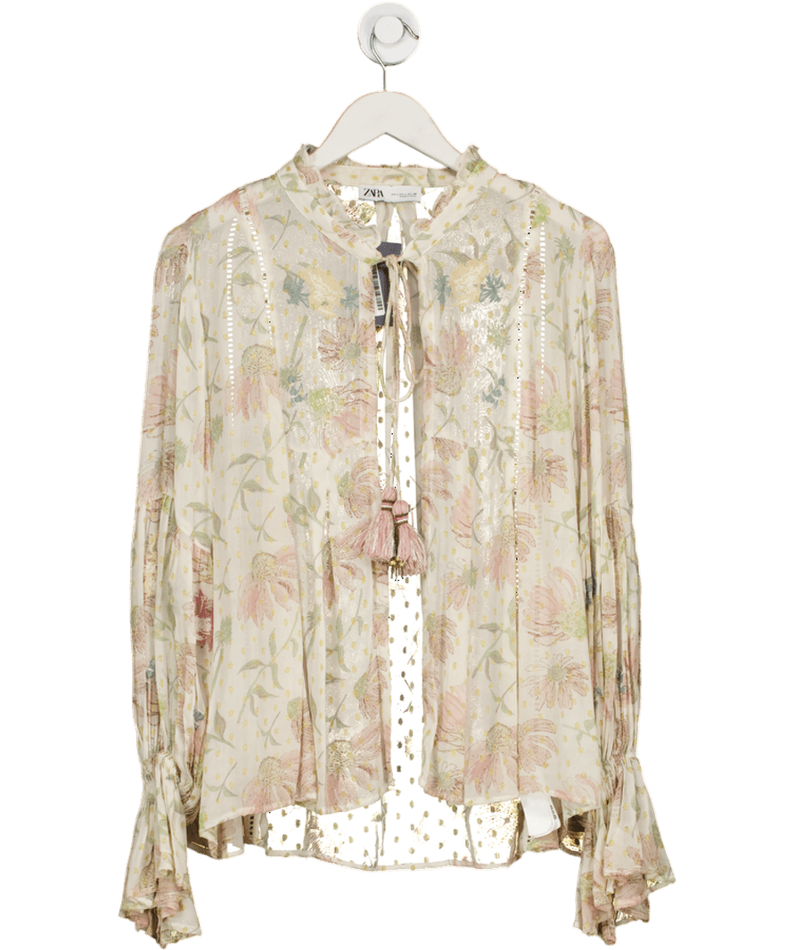 ZARA Cream Gold Embroidered Tie Fron Kimono Blouse Jacket UK L - Reliked