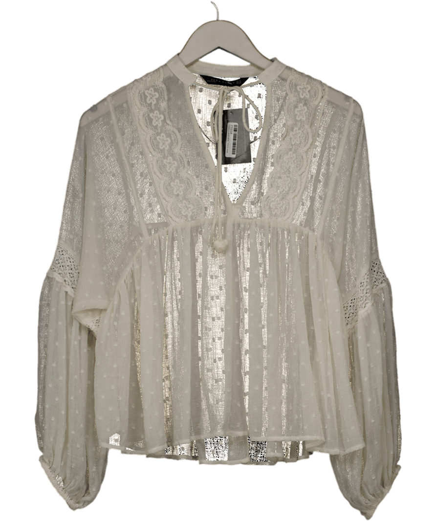 ZARA Cream Lace Trim Boho Top UK XS - Reliked