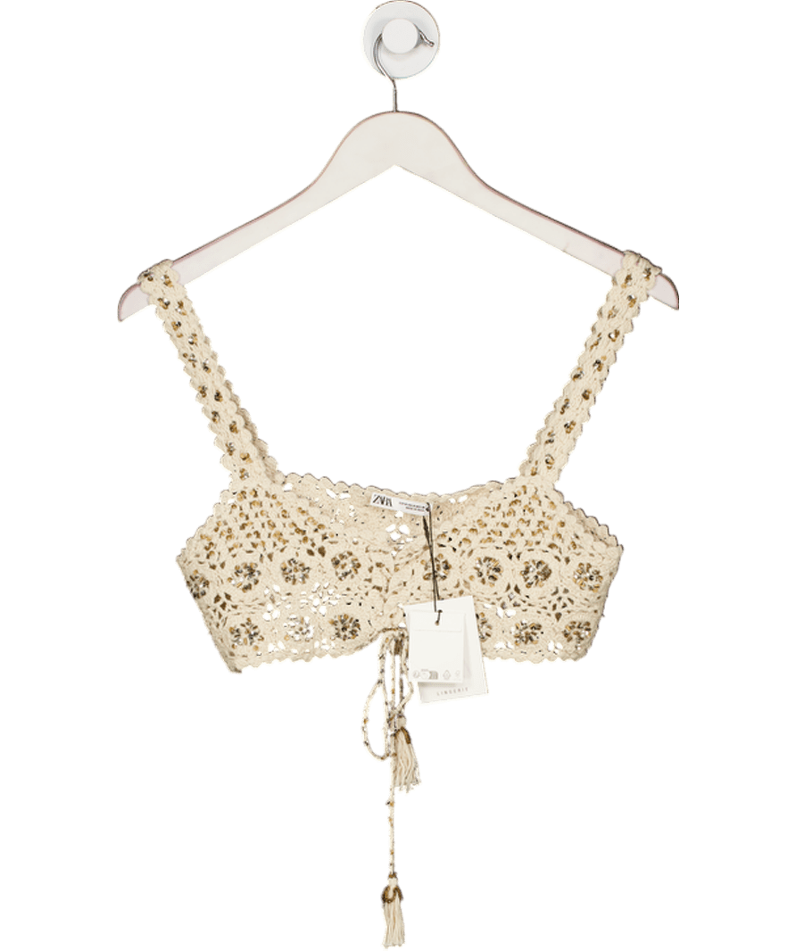 ZARA Cream Limited Edition Beaded Crochet Bra UK S - Reliked