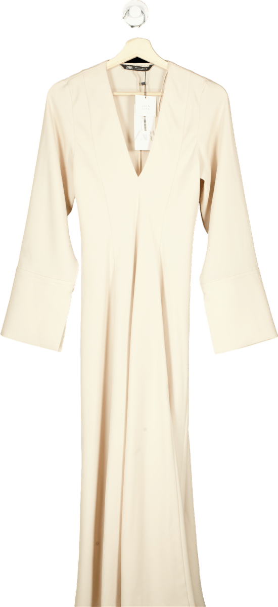 Zara Cream Long Sleeve Midi Dress UK S - Reliked
