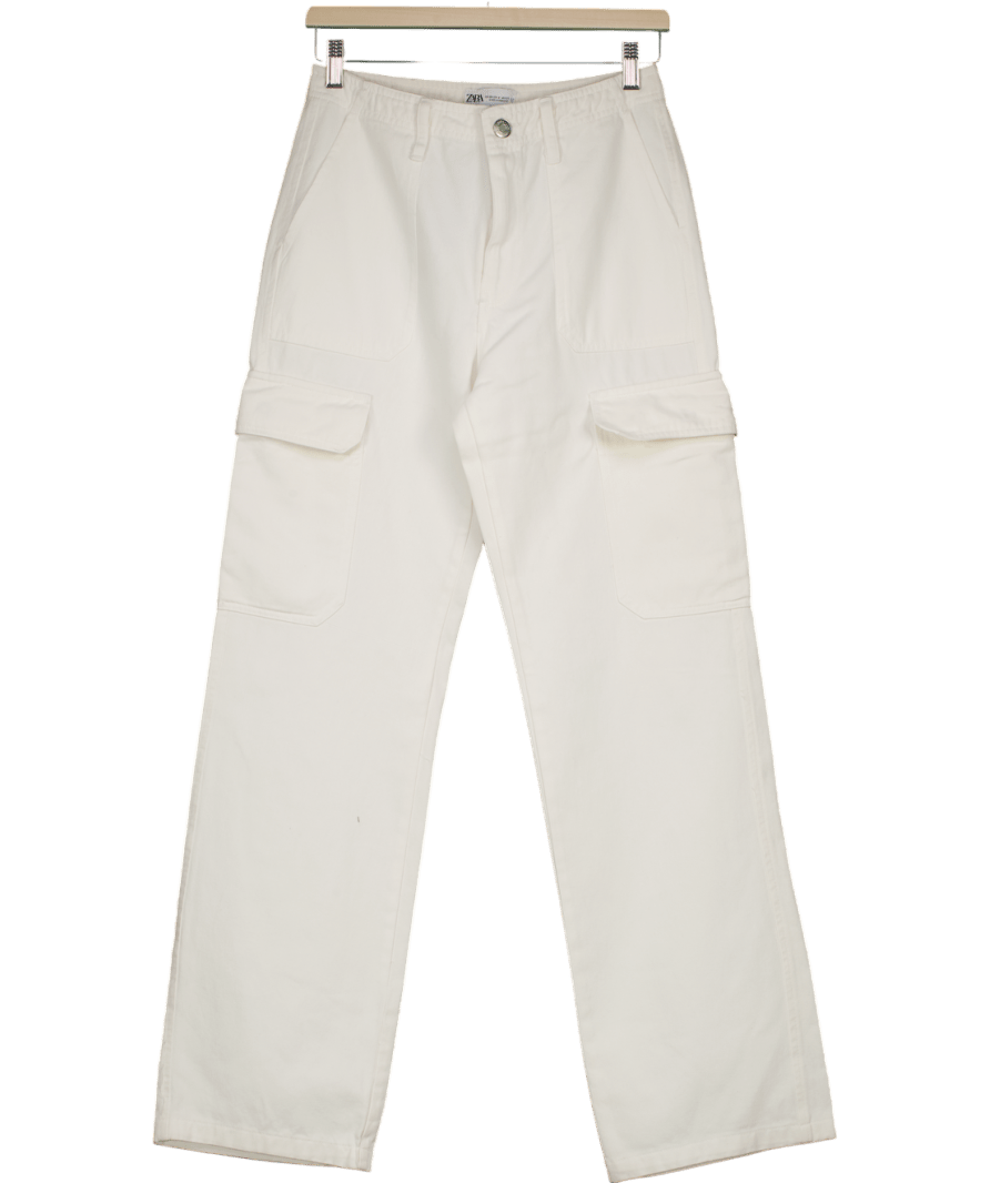 ZARA Cream Straight Leg Cargo Trousers UK 8 - Reliked