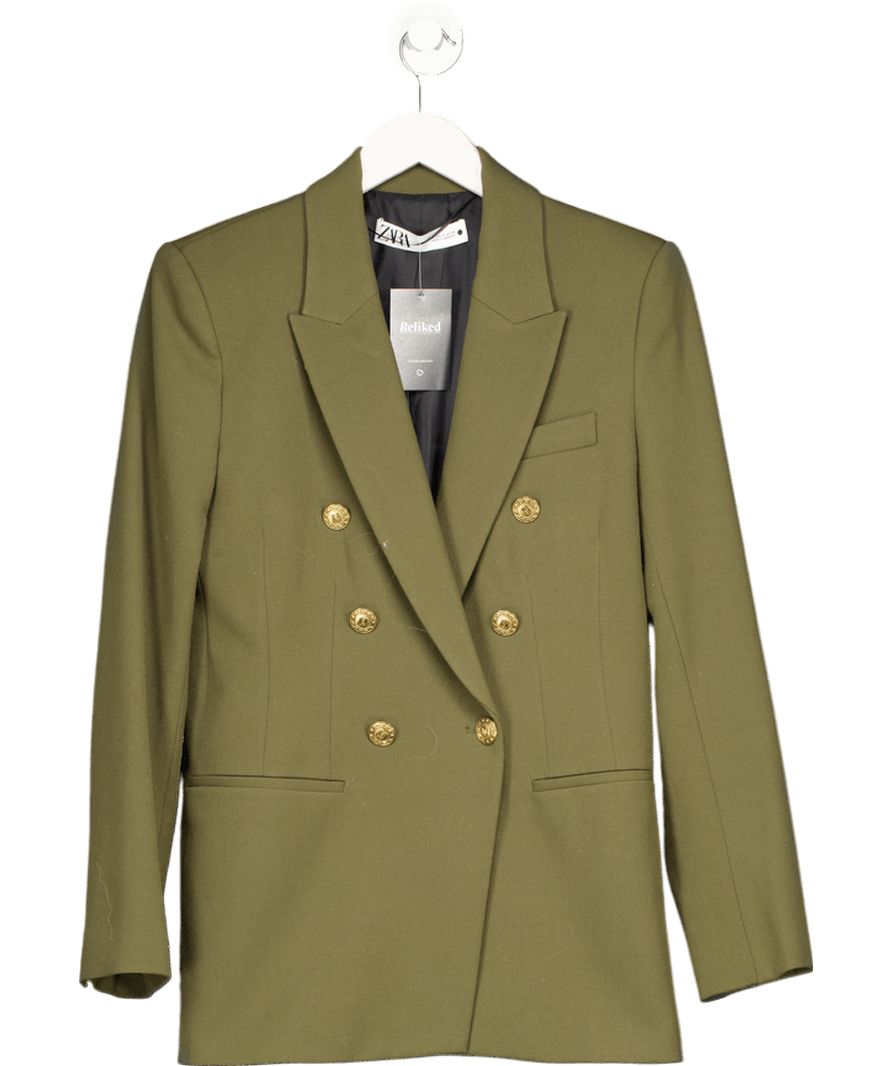ZARA Green Khaki Double Breasted Blazer With Gold Buttons UK M - Reliked