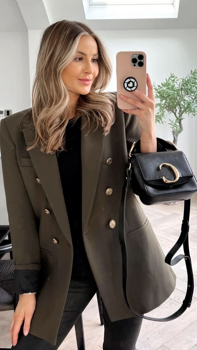 ZARA Green Khaki Double Breasted Blazer With Gold Buttons UK M - Reliked