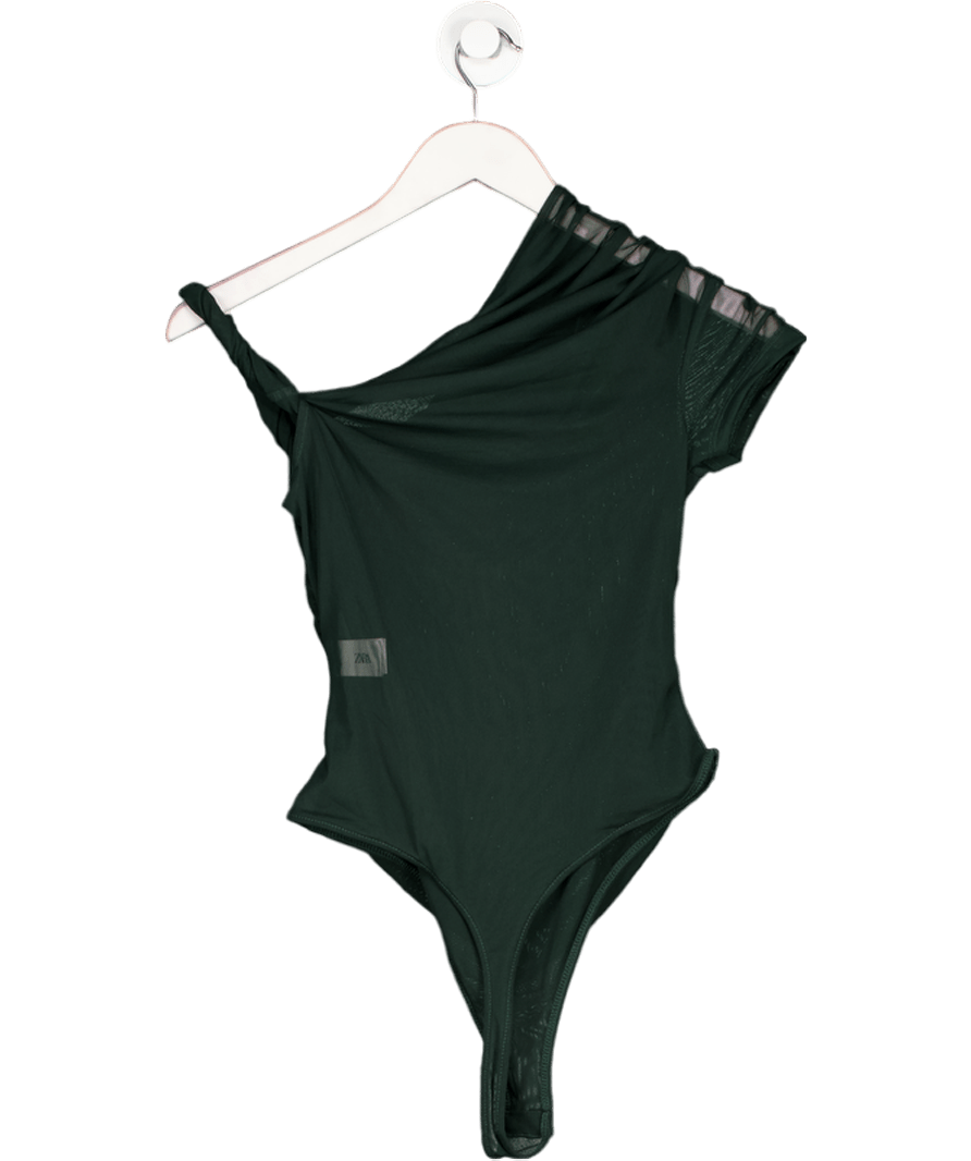 ZARA Green Mesh Asymmetric Ruched Bodysuit UK M - Reliked