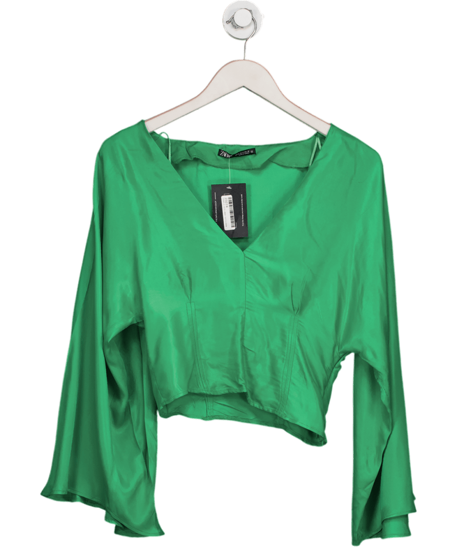 ZARA Green Satin V - neck Blouse UK S - Reliked