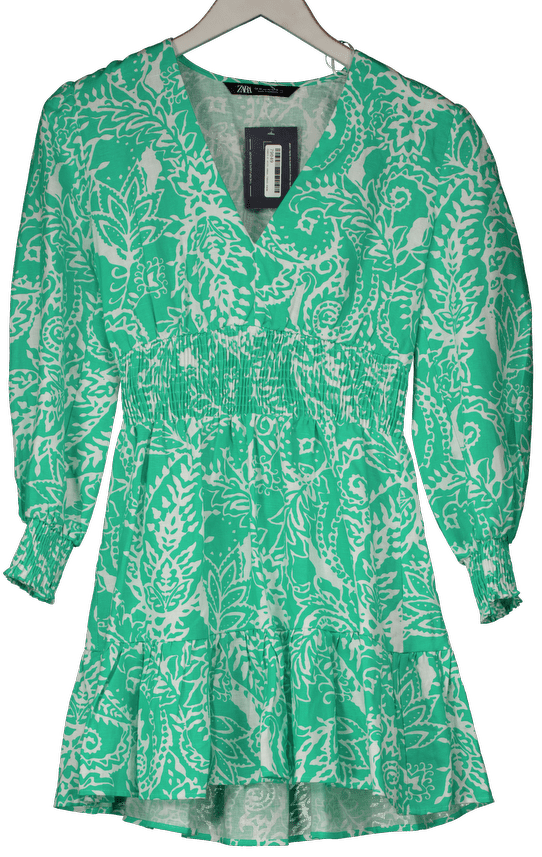 ZARA Green / White Floral Cotton / Linen Blend Dress UK XS - Reliked ZARA Green / White Floral Cotton / Linen Blend Dress UK XS - Reliked