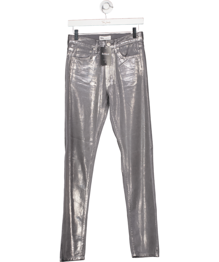ZARA Grey Metallic Coated Slim Leg Jeans UK 4 - Reliked