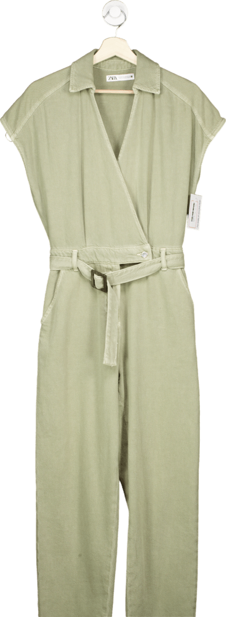 ZARA Khaki Cotton Utility Jumpsuit UK XS - Reliked