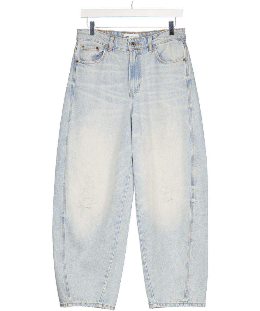 ZARA Light Blue High Rise Distressed Wash Barrel Leg Jeans UK 8 - Reliked