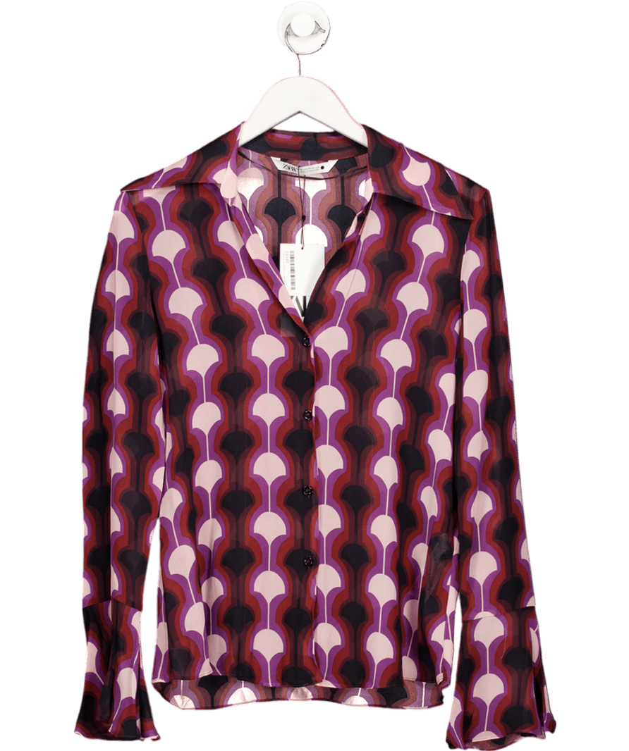 ZARA Ltd.edition Purple Print Sheer Viscose Flutter Sleeve Shirt UK XS - Reliked