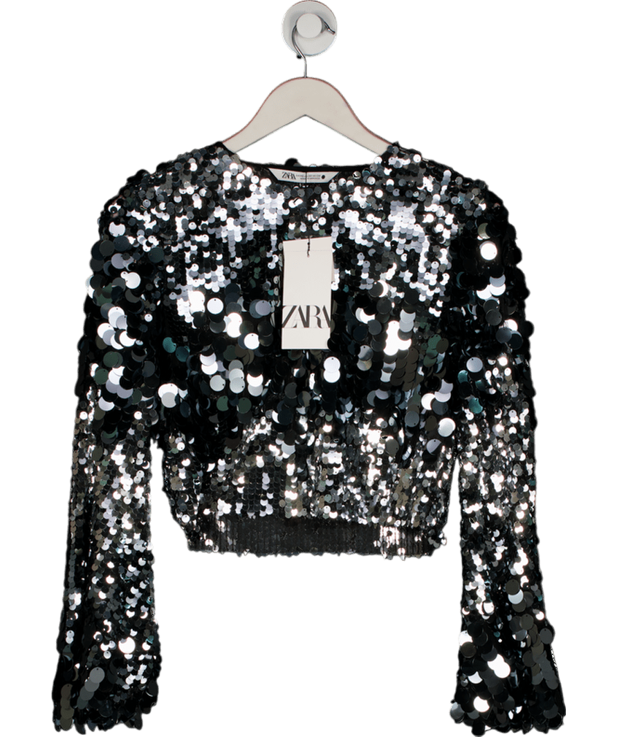 ZARA Metallic Ltd.Edition silver Sequin Crop Top UK XS - Reliked