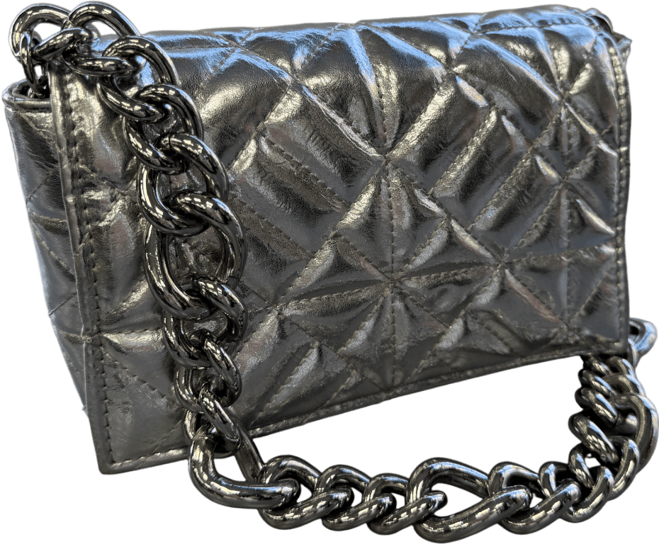 ZARA Metallic Silver Quilted Shoulder Bag With Chunky Chain Strap - Reliked