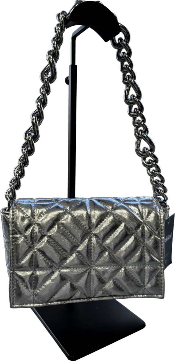 ZARA Metallic Silver Quilted Shoulder Bag With Chunky Chain Strap - Reliked