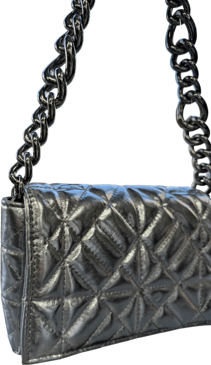 ZARA Metallic Silver Quilted Shoulder Bag With Chunky Chain Strap - Reliked