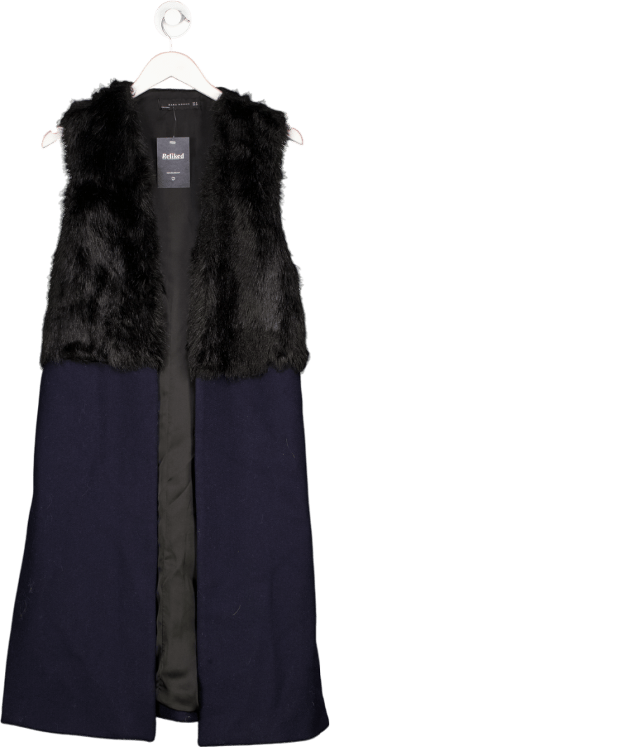 ZARA Navy Blue Long Faux Fur Top Wool Gilet Sleeveless Coat UK S - Reliked