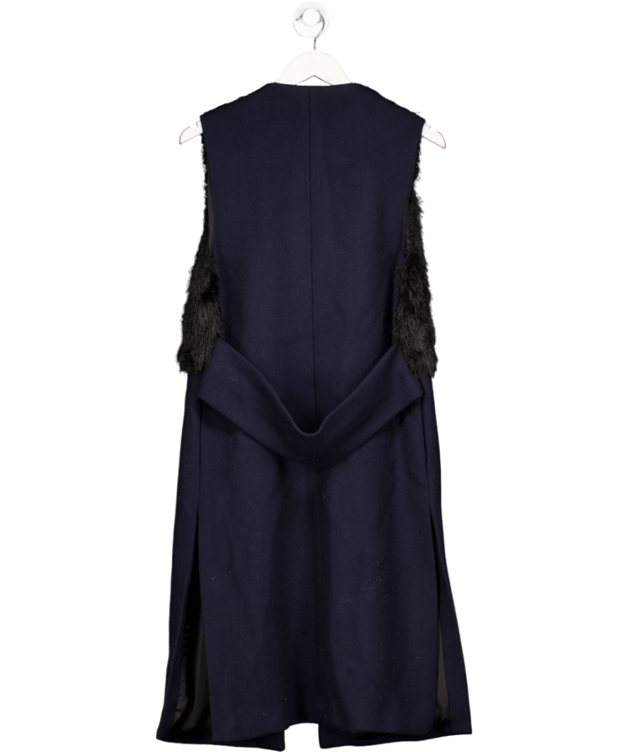 ZARA Navy Blue Long Faux Fur Top Wool Gilet Sleeveless Coat UK S - Reliked