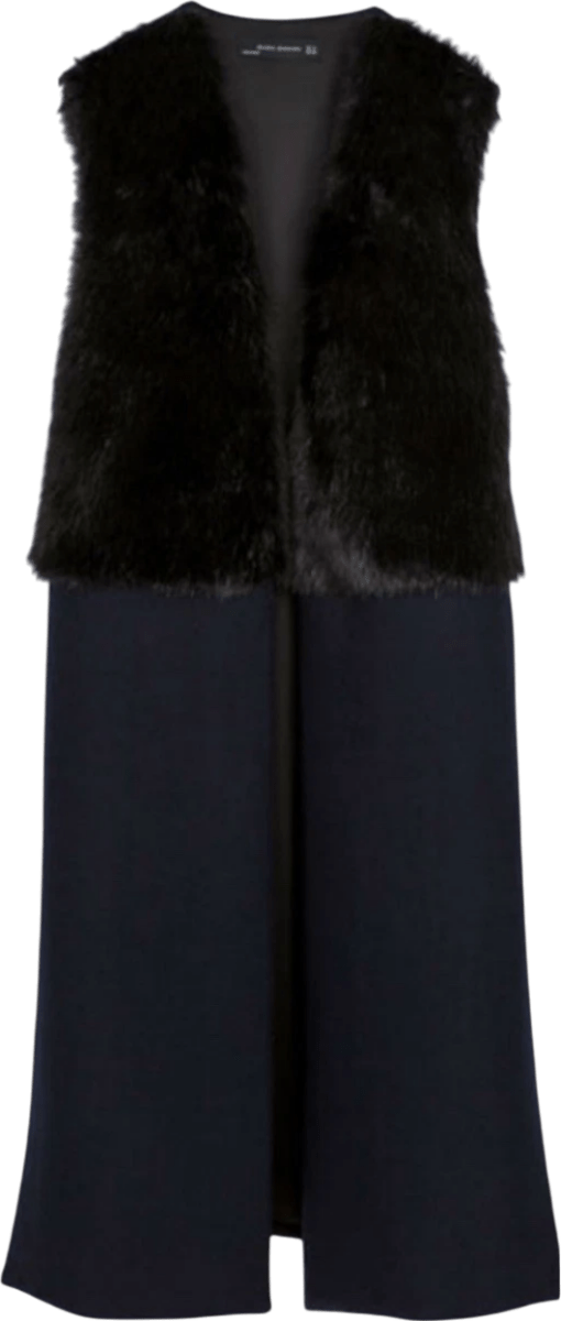 ZARA Navy Blue Long Faux Fur Top Wool Gilet Sleeveless Coat UK S - Reliked