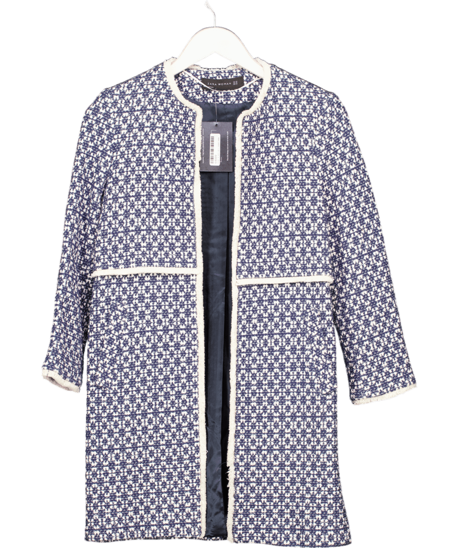 ZARA Navy Blue / White Longline Tweed Coat UK XS - Reliked