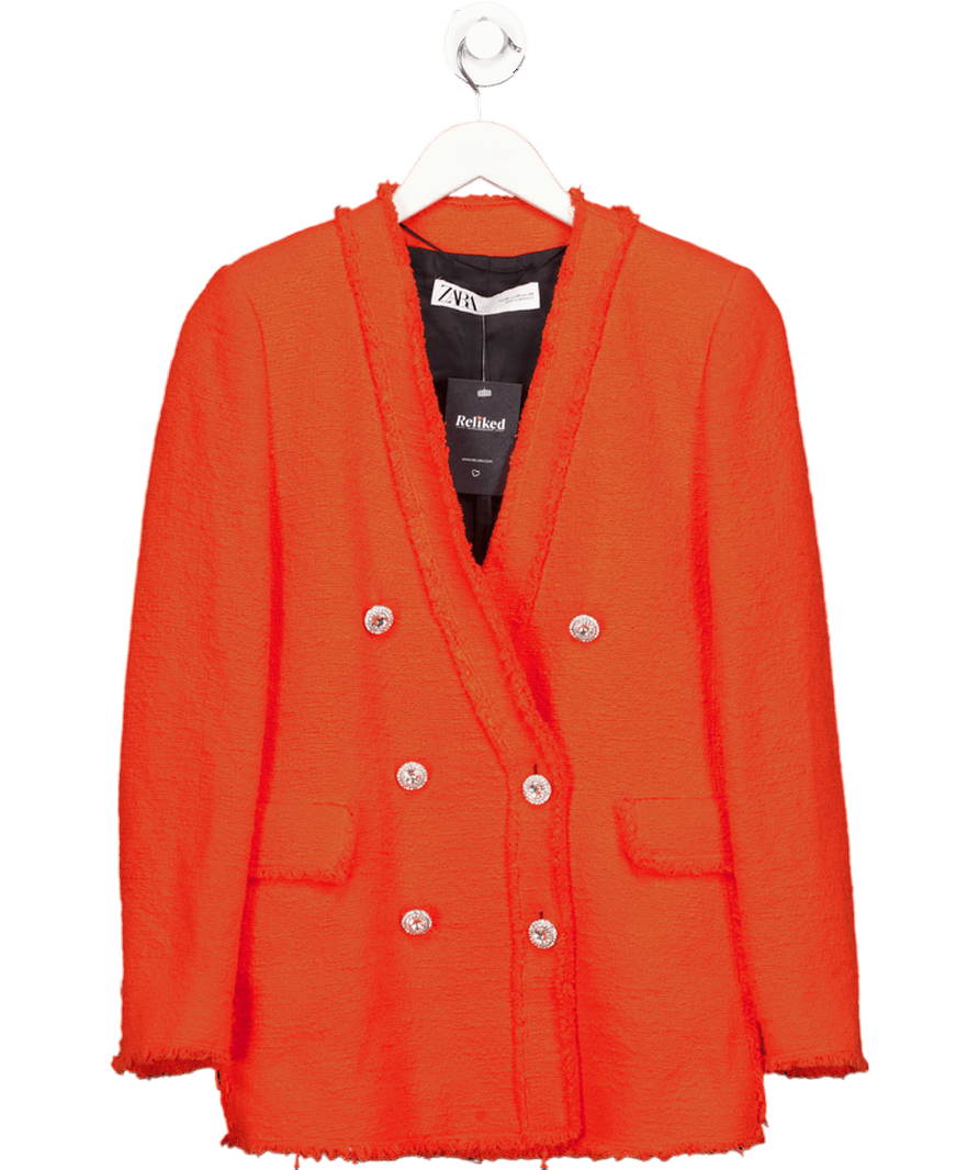 ZARA Orange / Red Embellished Button Tweed Blazer UK XS - Reliked