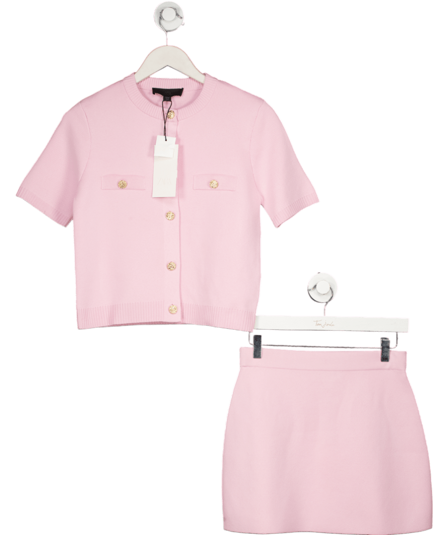 ZARA Pink 2 - piece Short Sleeve Knit Cardigan And Skirt Set UK S - Reliked