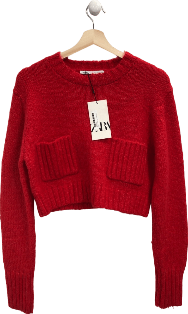 Zara Red Cropped Jumper with Pockets S - Reliked