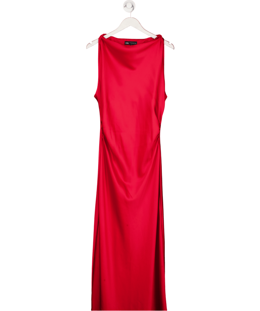 ZARA Red Satin Draped Detaill Maxi Dress UK XL - Reliked