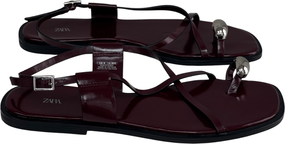 ZARA Red Strappy Flat Slider Sandals Metal Burgundy UK 7 EU 40 👠 - Reliked