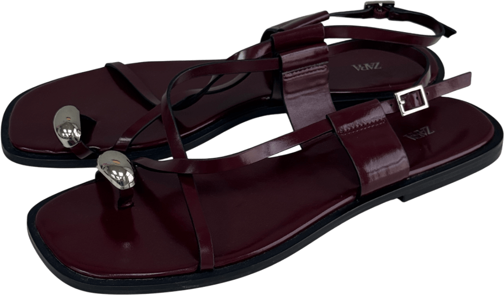 ZARA Red Strappy Flat Slider Sandals Metal Burgundy UK 7 EU 40 👠 - Reliked