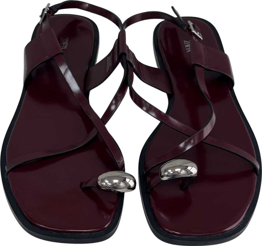 ZARA Red Strappy Flat Slider Sandals Metal Burgundy UK 7 EU 40 👠 - Reliked