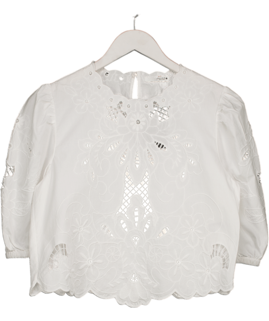 ZARA White Cotton Embroidered Scallop Hem Blouse UK S - Reliked