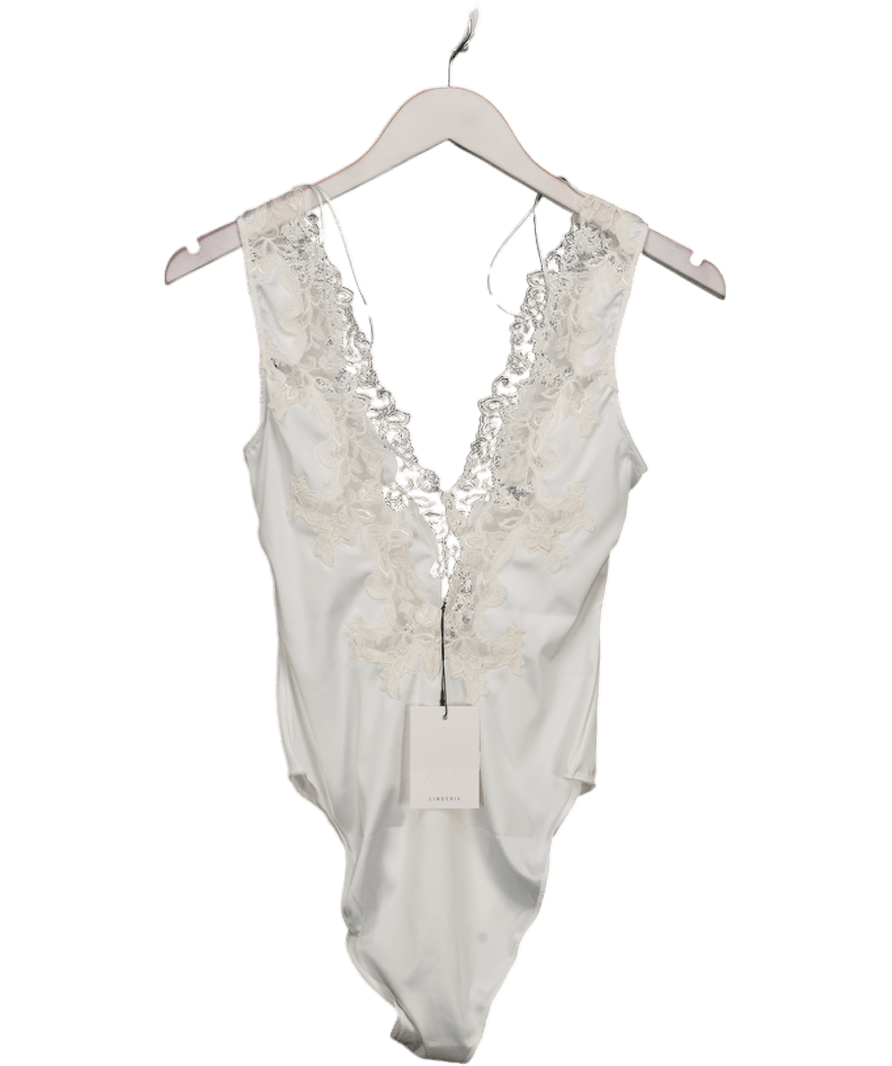 ZARA White Satin Bodysuit With Embroidery And Lace UK XS - Reliked
