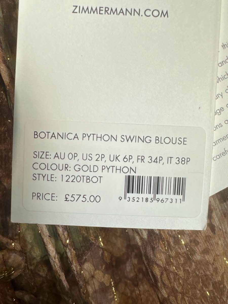 Zimmermann Gold Python Botanica Python Swing Blouse UK 6 - Reliked
