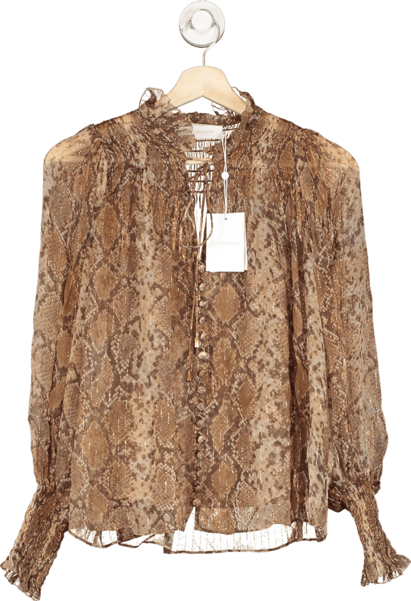 ZIMMERMANN  Brown Chiffon Snake Print Swing Blouse UK 6
