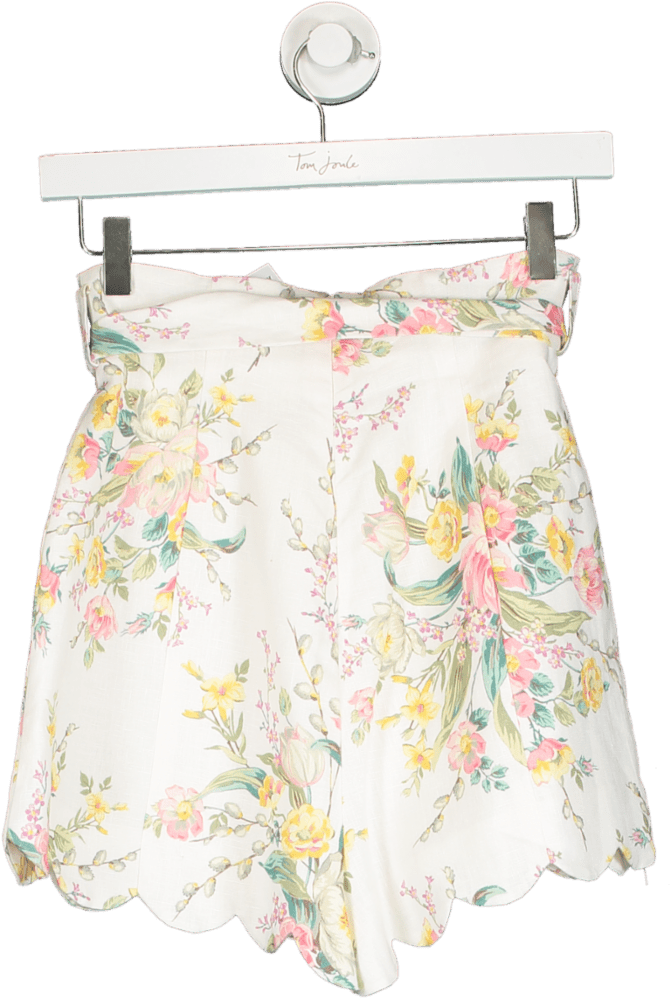 Zimmermann White Zinnia Scalloped Floral - Print Linen Shorts Size 0 UK 8 - Reliked